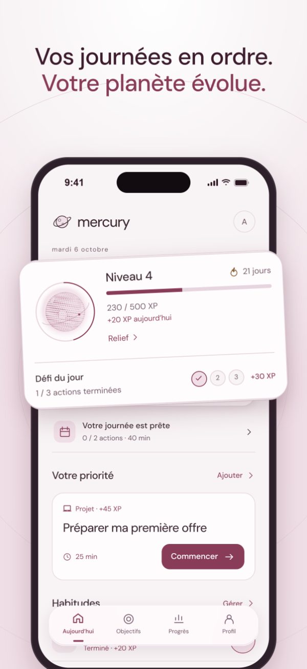 Écran Aujourd’hui de Mercury : niveau, défi du jour et priorité